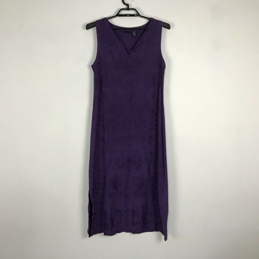 Vintage‎ 1990s Purple Rayon Dress Size M Sleeveless Side Vent Embroidered Midi